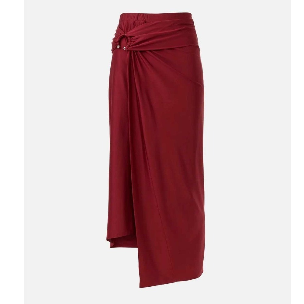 Rabanne Draped Midi Skirt Red O-Ring Jersey Asymmetrical Womens Sz 36 / 2 US